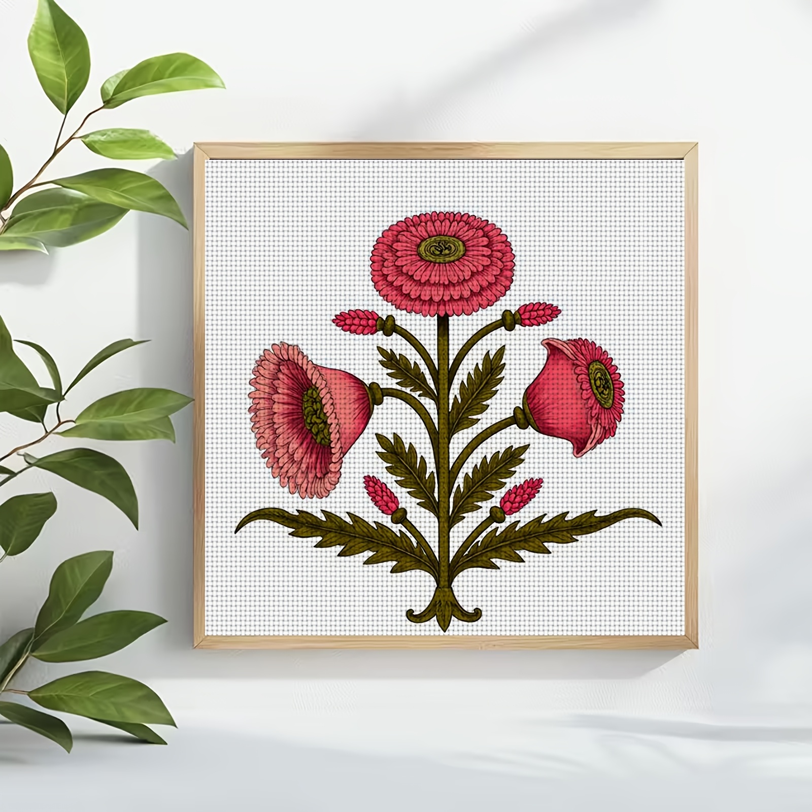 Cross Stitch Printed Kit, Frameless, Pink Floral Pattern Design for Beginners