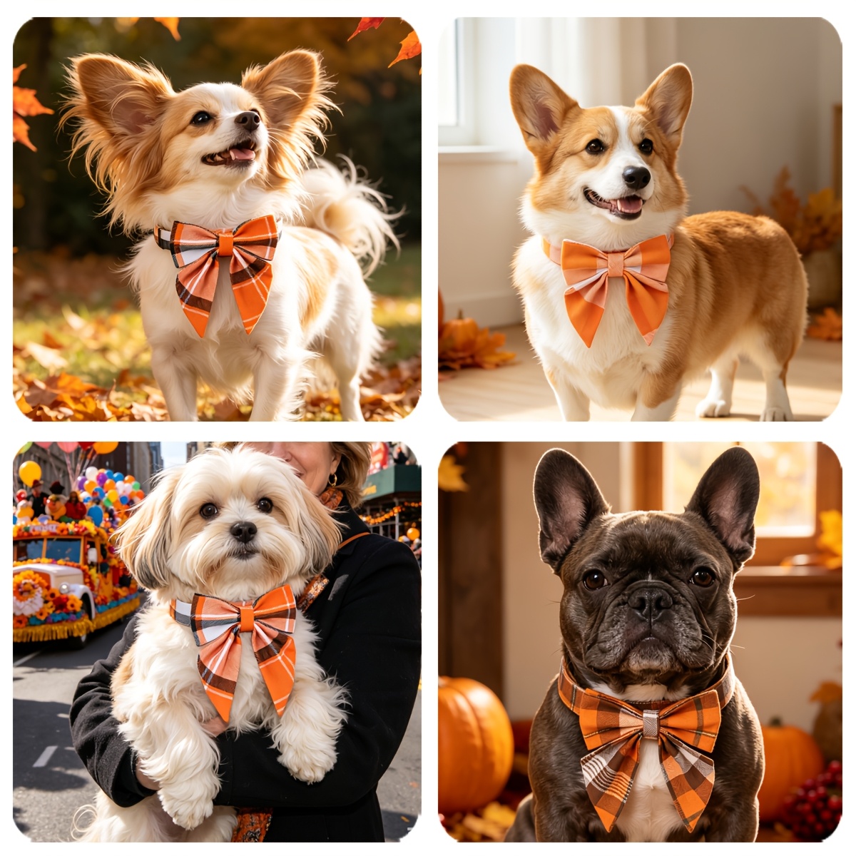 Adjustable Orange Plaid Dog Collar with Bow for Fall Holidays