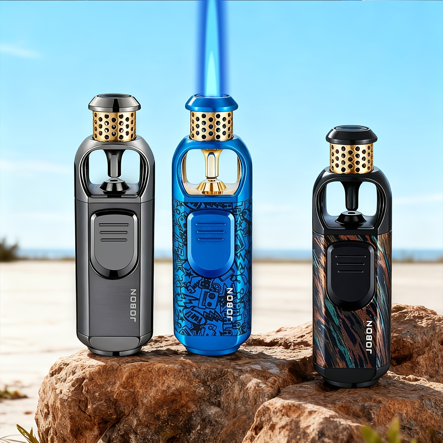 TEMU Metal, Luxury Polished High-technical Design Jet Adjustable Blue Flame Lighter With Hollow-out Heat Dissipation, Made Of Alloy, Easier To Use (no Butane Fuel)