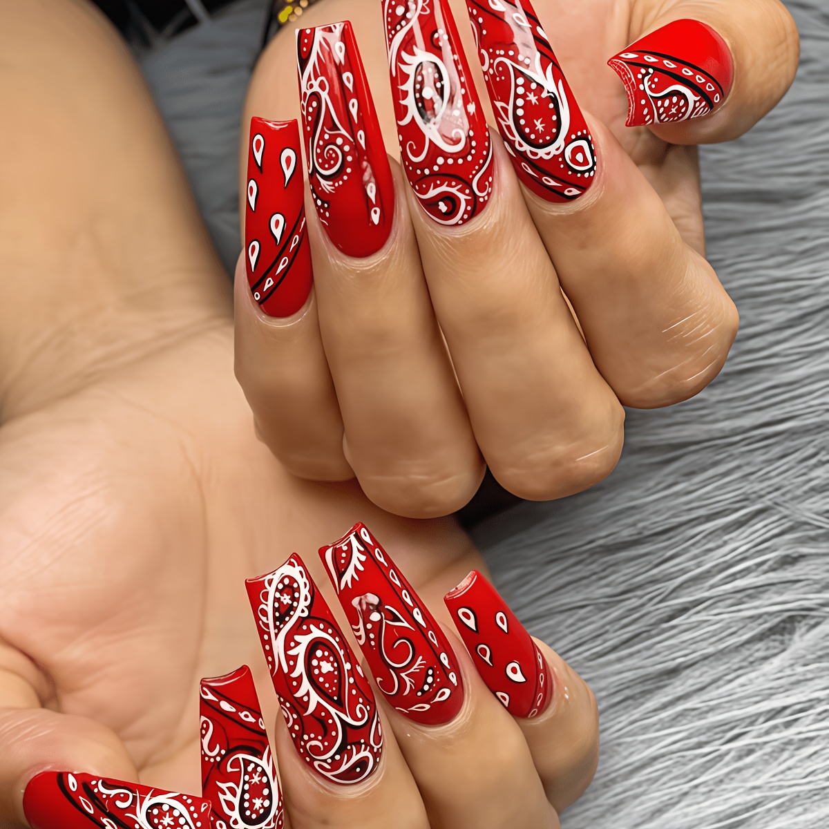 TEMU 24pcs Nail Art Set, Paisley Pattern Long Nails, Western Street Trendy Individual Wearable Nails Glossy Detachable Nail Sheets, Daily Wear,