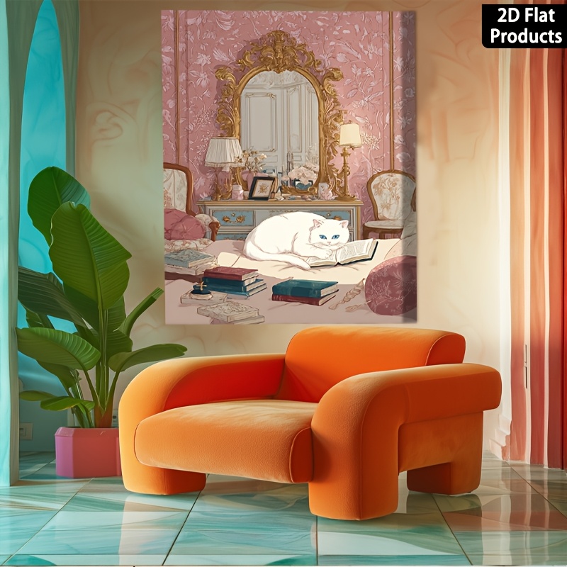 Canvas Painting Wall Decor Featuring a White Cat Reading a Book
