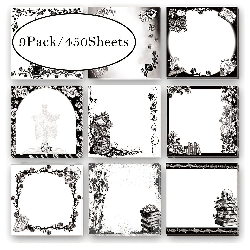 E-shop Gothic Haftnotizen Geschenke 9er Pack (450 Blatt) Schwarze Totenkopf Haftnotizen, 7,5 cm Goth Bürobedarf für Buchliebhaber, Goth Selbstklebende