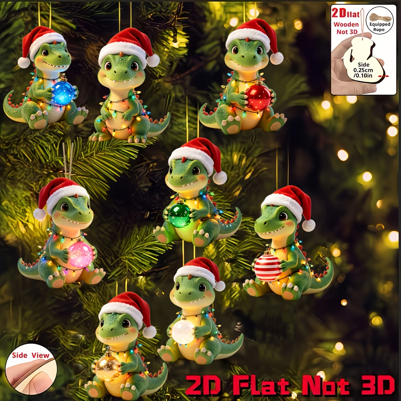 TEMU [2d Flat] 8pcs Set, 2d Embossed Wooden Material Home Hanging Ornaments, Christmas, Mother's Day, Father's Day, Dinosaur Pattern Cuddly Christmas