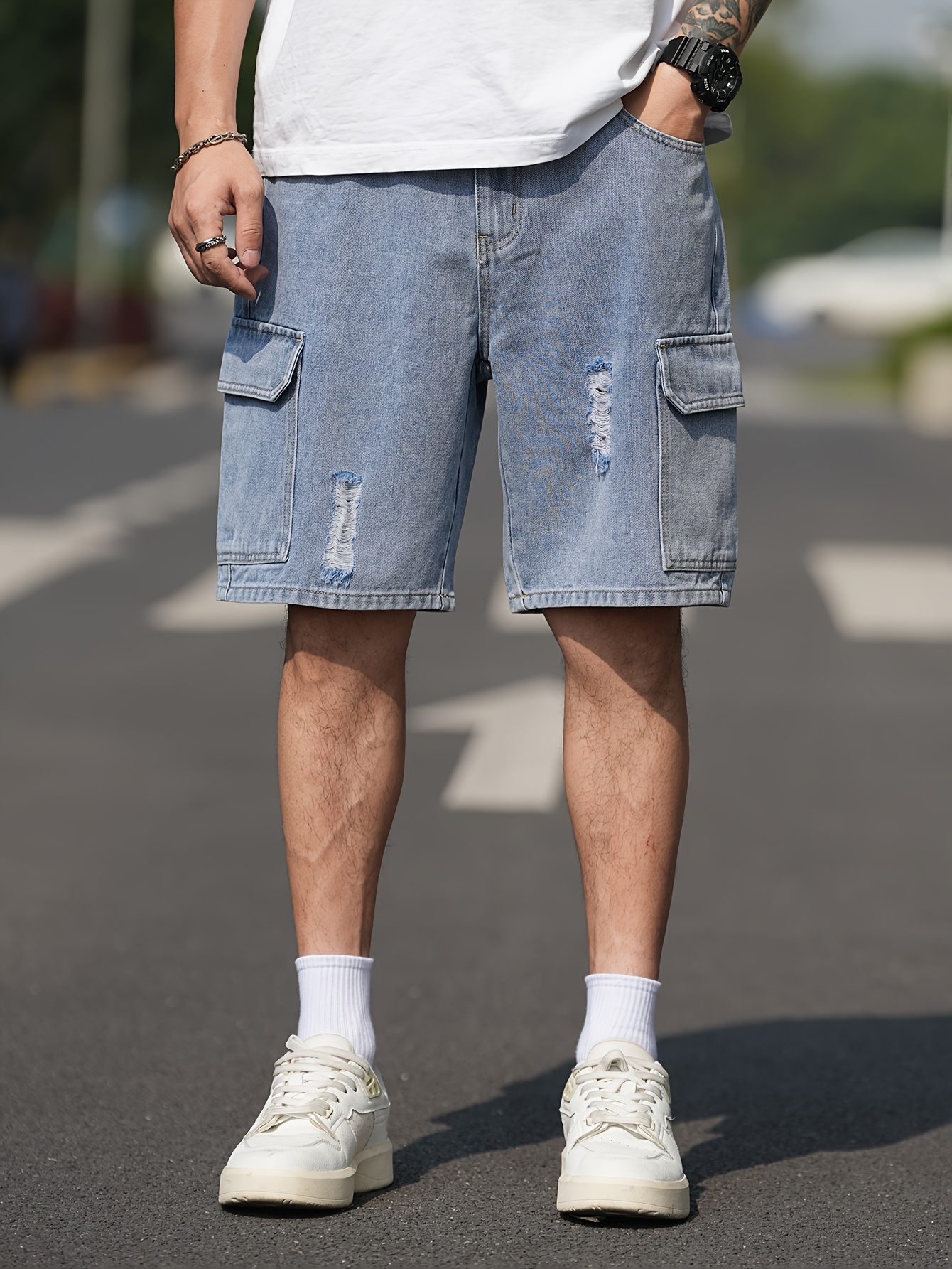 Blue Denim Jean Shorts Mens Fashion *'S Washed Denim Cargo Shorts - Main Image