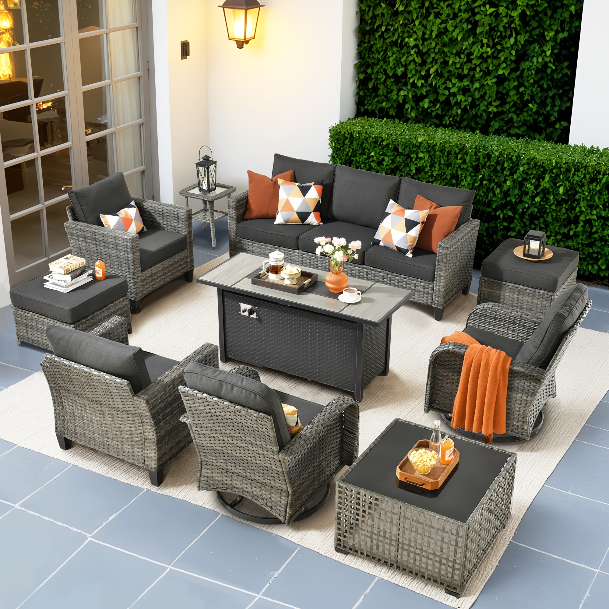 10pcs outdoor patio furniture sets with 54 fire pit table and solar led light coffe table all weather pe rattan sectional sofa conversation set with swivel rocking chairs outside modular couch with thick cushions for backyard deck 7 seats Product details 1