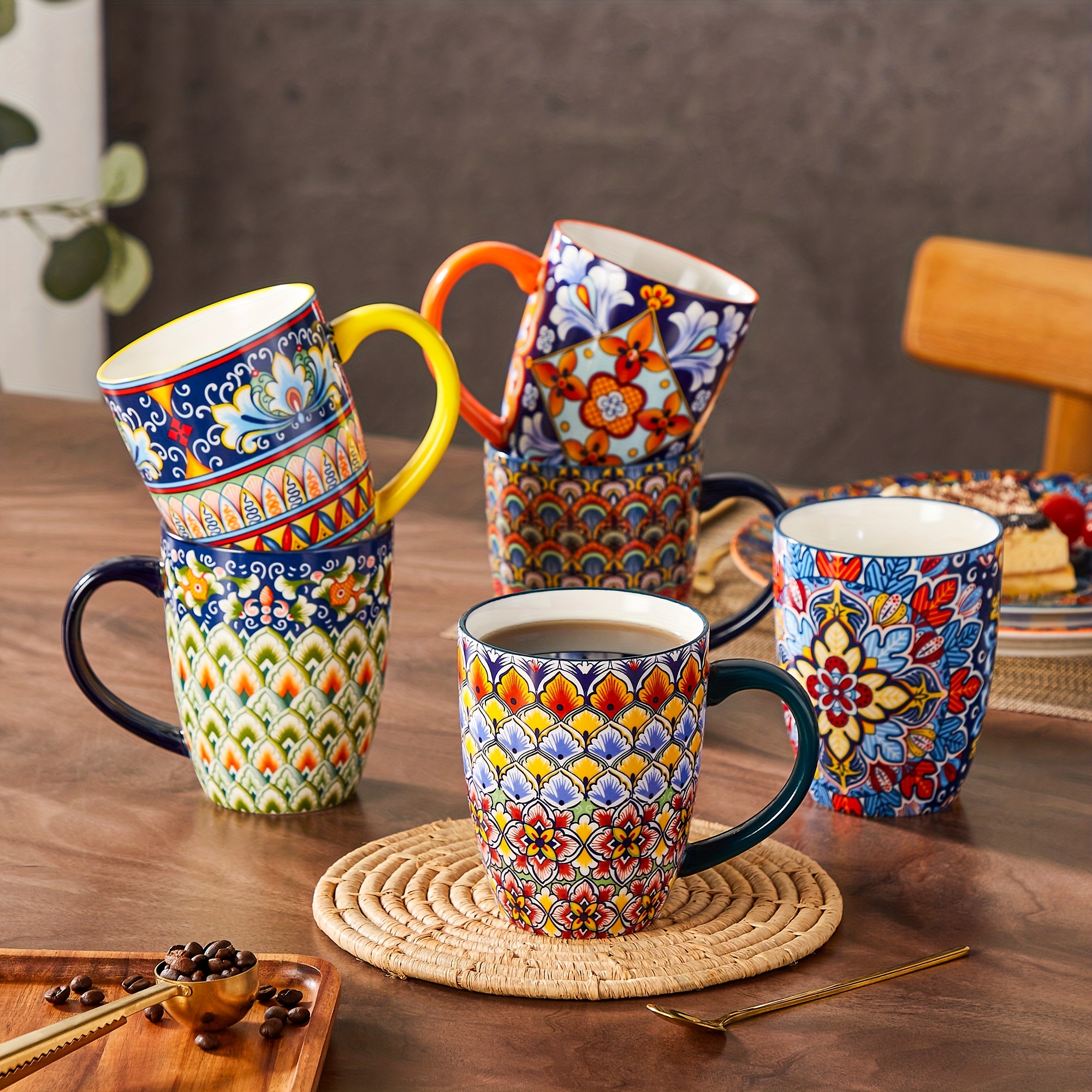 Image of Bohemian Style Mugs Set Of 6 - 14oz Ceramic Coffee Cups With Colorful Mandala Patterns, Handmade Look, For Tea, Coffee, And Hot Beverages