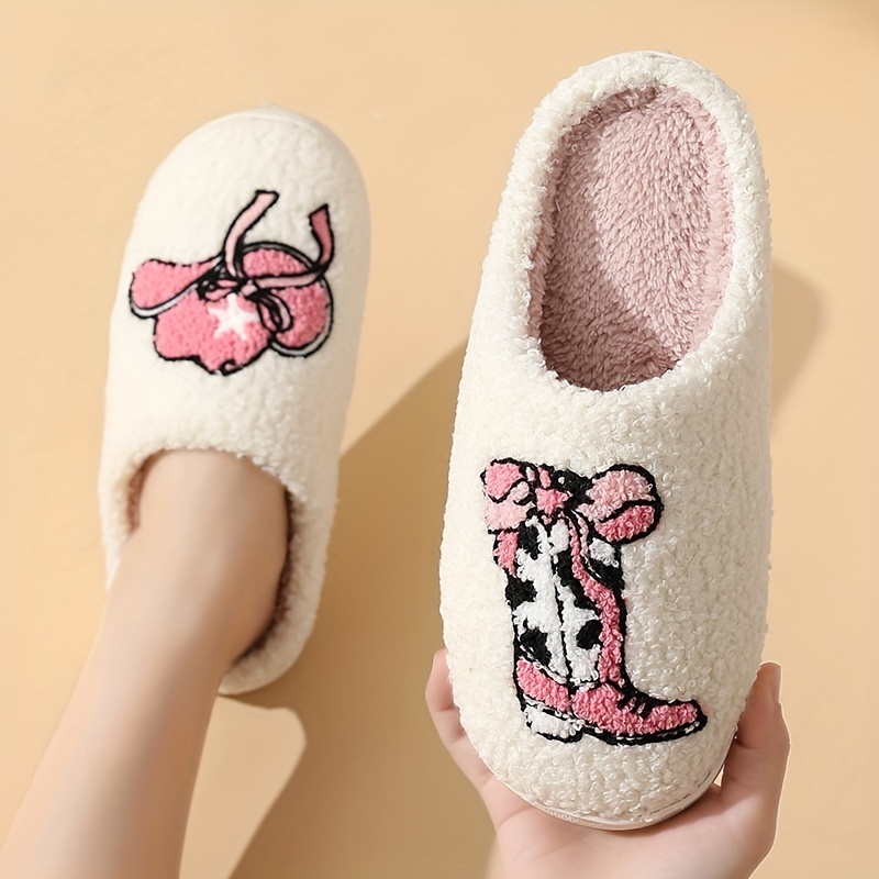 

Cute Cartoon Boots Hat Pattern Slippers, Casual Slip On Plush Lined Shoes, Comfortable Indoor Home Slippers Suitable For Winter