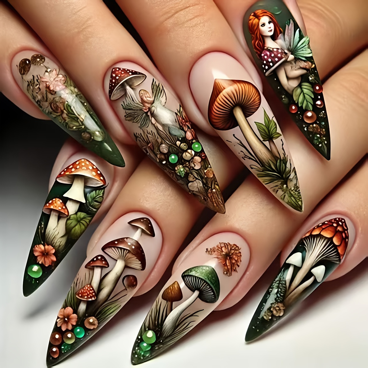 TEMU 24pcs 24pcs Long Teardrop Press-on Nails Suitable For Daily Wear, Parties, Vacations - Glossy Mushroom False Nail Tips With Botanical Design, Multicolor Suitable For , Spring Summer Nail