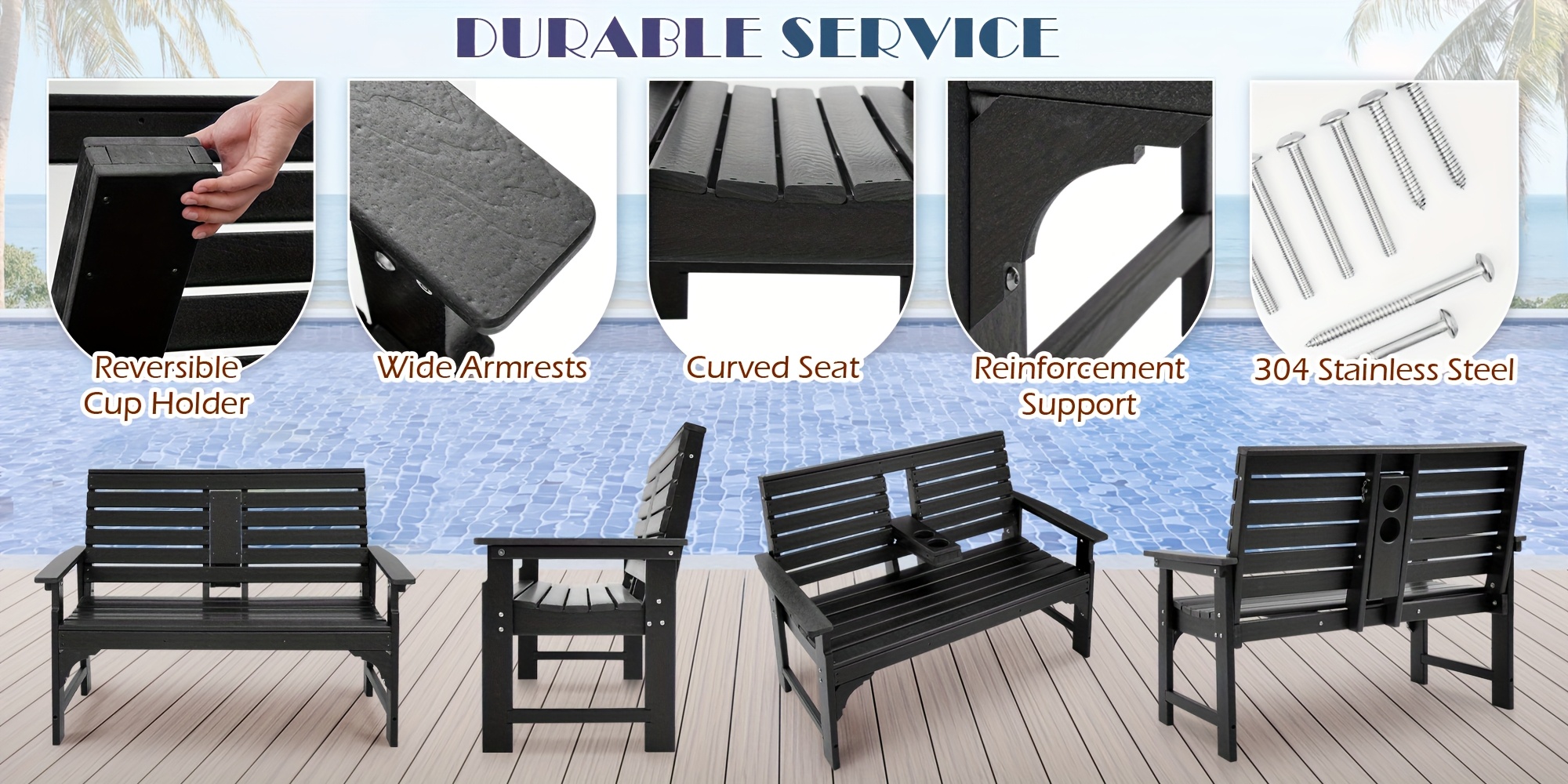 HDPE All Weather Outdoor Patio Bench Furniture With Cup Holders, 2-3 Persons Garden Bench With 700 Lbs Weight Capacity, Patio Benches For Outdoors, Garden, Porch, Backyard And Park