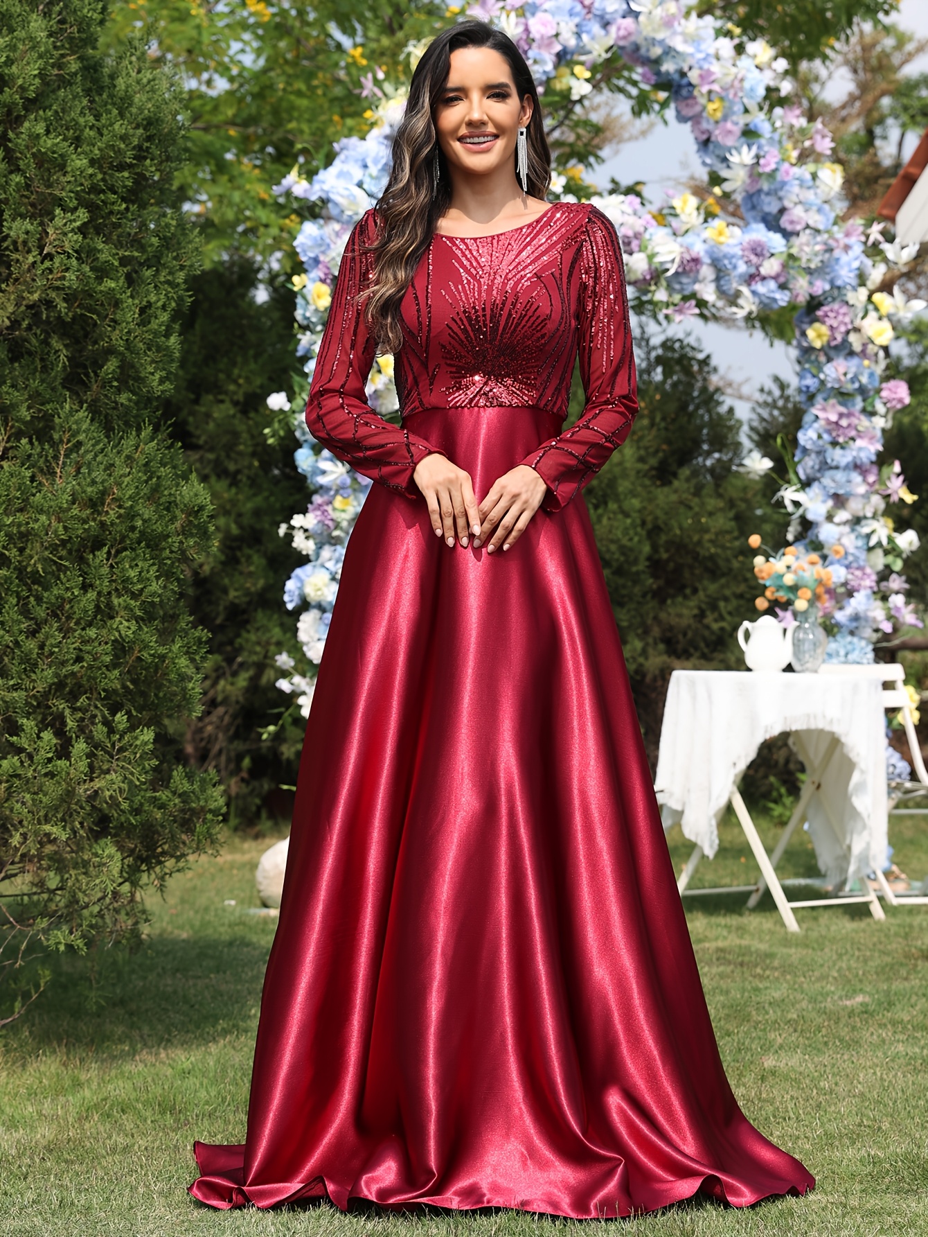 wine red long sleeve party dress a round neckline sequin - Temu Bahrain