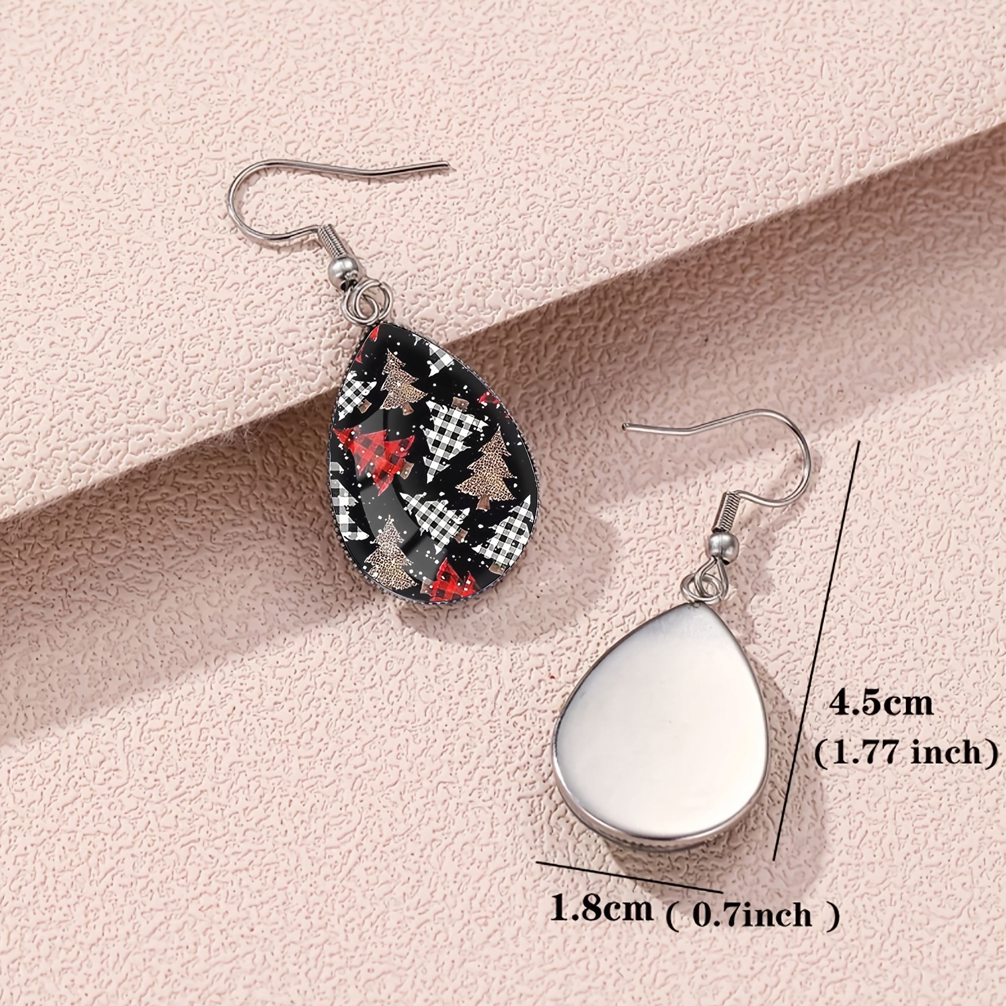 Teardrop Earrings with Red, White, and Golden Checkered Pine Tree Pattern