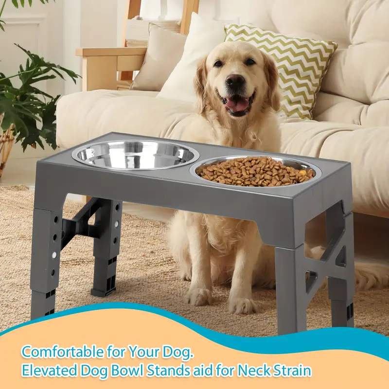 elevated dog bowl stand with 2 stainless steel bowls 5 adjustable 3 15 to 12 2 non slip base storage shelf chew proof dog sizes durable construction pet feeding station sleek stainless steel sturdy frame Product details 0