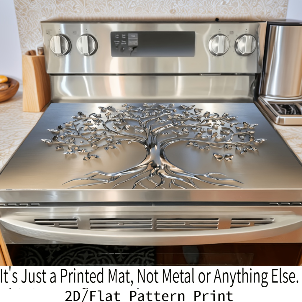 TEMU 1pc, 2d Flat Silvery Tree Print Design, Pattern Decorative Stove Cover - Suitable For Kitchen Countertops, Elegant Style Upgrade, Ideal For Flat