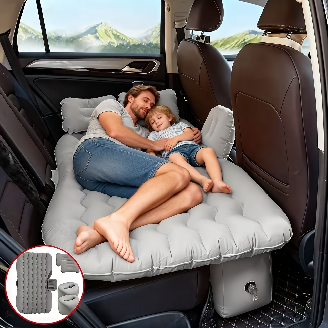 Premium Blue Gray And Beige Black Portable Inflatable Car Mattress, Car Beds For Vehicles, PVC Material, Suitable For Backseat Sleeping, Outdoor Camping Picnic Travel Cushion Bed, Car Accessories For Men