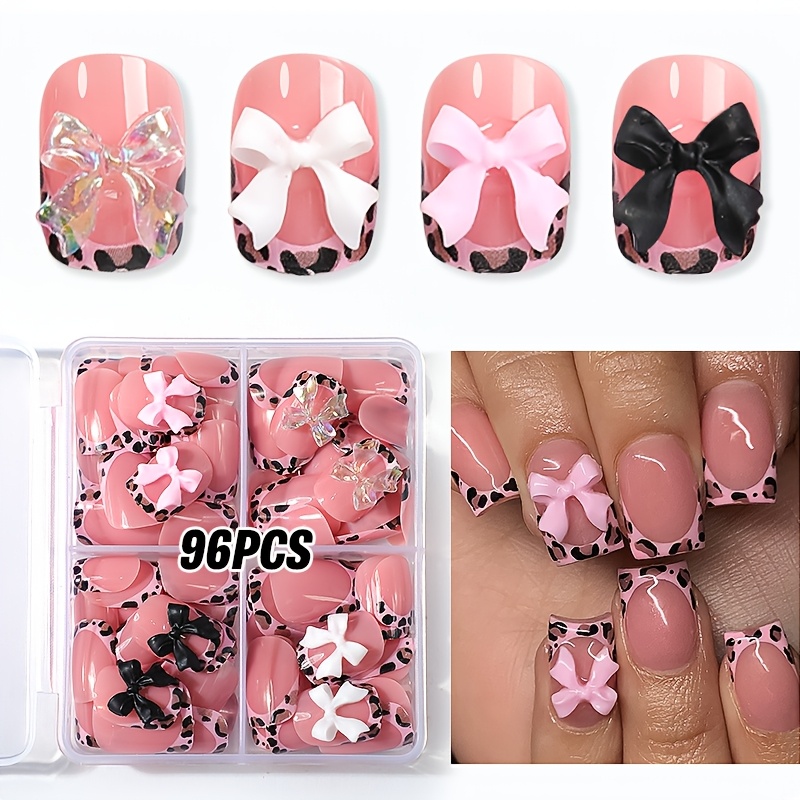 Image of Long Square Fake Nails In Leopard Print Design, Featuring 96pcs In Sizes, With Glittery Pink, Black, White, And Laser Bows. Reusable Stick-on Nails Are Use And Special Occasions For Women And