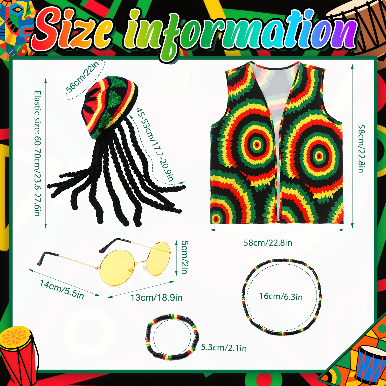 4-teiliges Rasta Kostüm Set – Dreadlock-Mütze, Hippie-Brille, Weste, Armband – Für Karneval & Partys