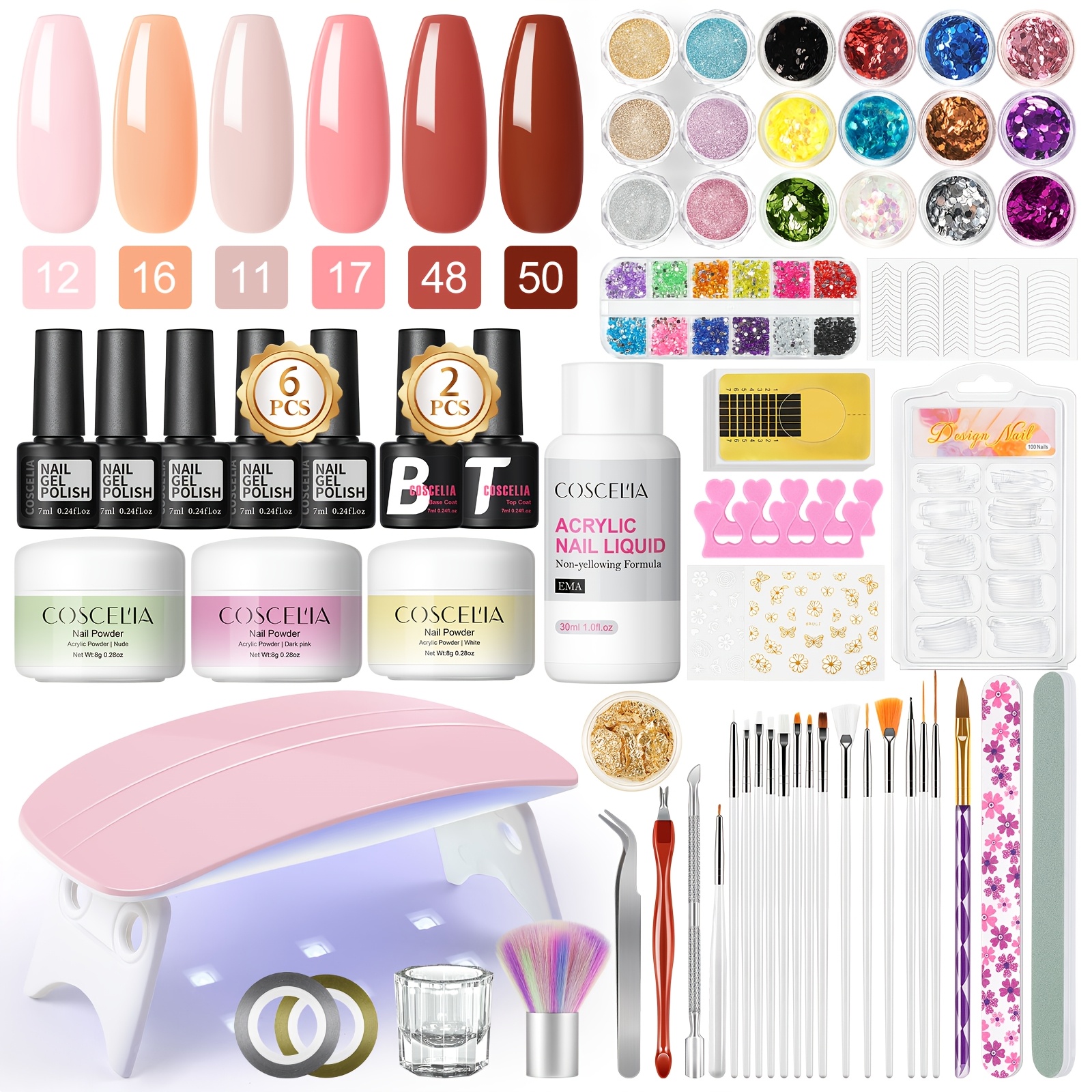 Image of Coscelia Acrylic Nail Kit 3 Colors Acrylic Powder 18 Colors Glitter Powder With 6pcs Nude Semi-permanent Gel Nail Polish Base And Led Tools Extension Nail Build Carving Flowers Decoration For Nails