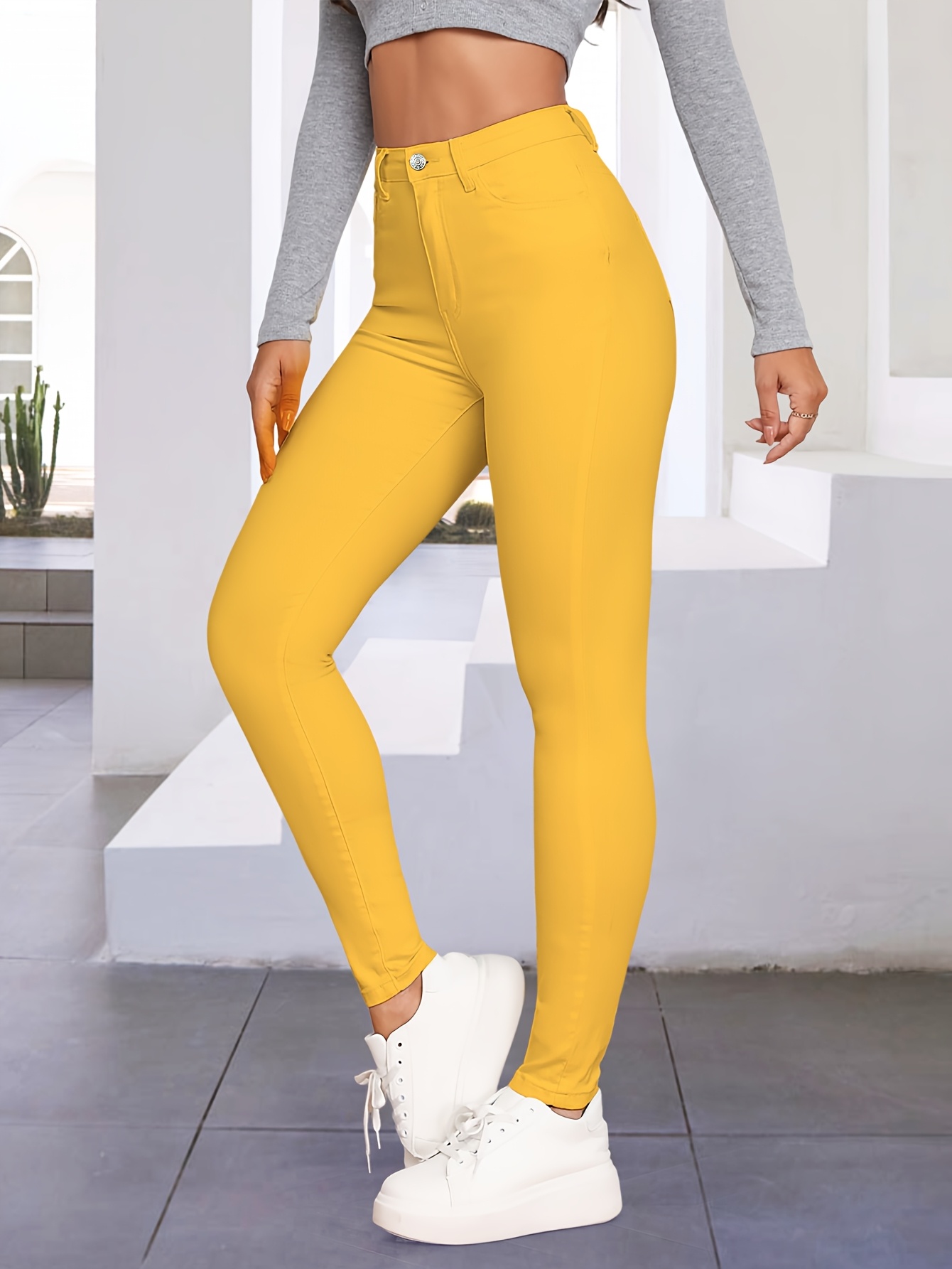 womens stretchy skinny jeans mustard yellow non see pants Temu