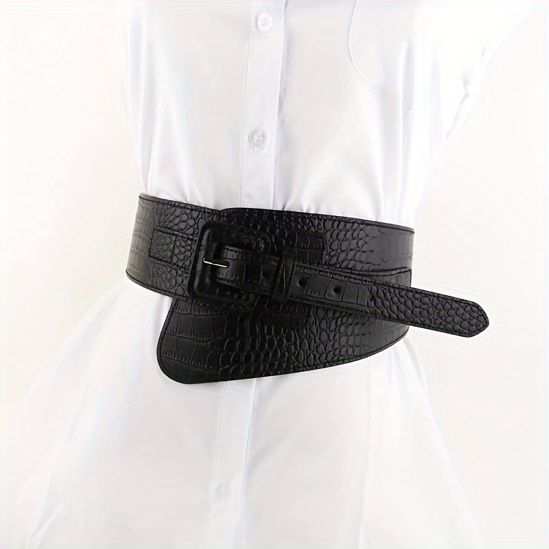 Vintage Elastic Belt Brown Crocodile Texture Square Buckle