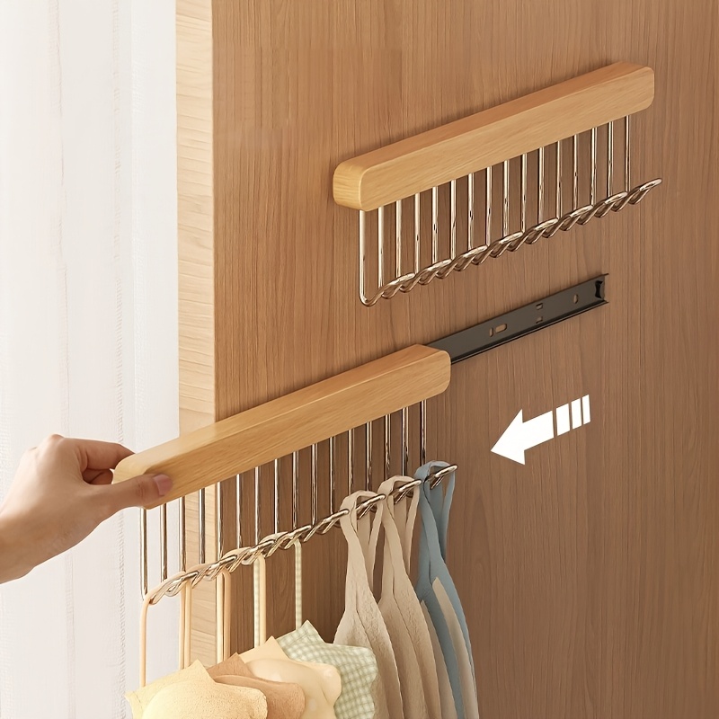 

1pc Premium Polished Wood Wall-mounted Hanger With Pull-out Hooks For Underwear & Vest Storage - Space-saving, Multi-use Closet Organizer With Metal Rod, Ideal For Home & Kitchen, Hangers For Clothes