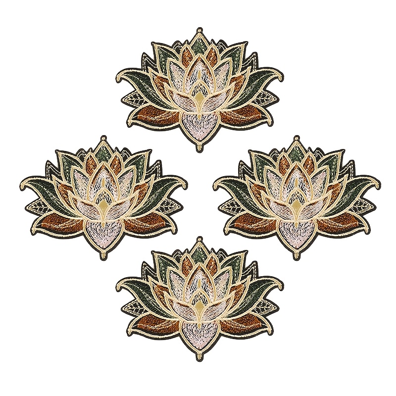 TEMU 4pcs Blooming For Lotus Flower Pattern Diy Embroidery Patch, Iron-on Applique Badge For Clothing, Hats, And Accessories. Cartoon Elegant Fashion