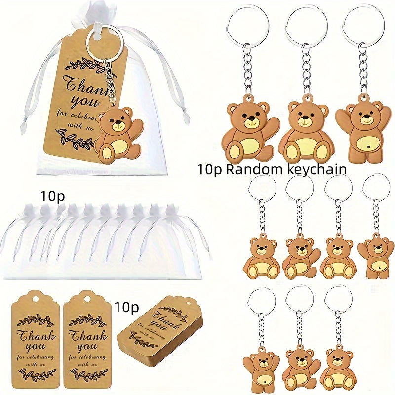 TEMU 10 Pcs Teddy Bear Keychain Party Favors Set, Includes Thank You Kraft Tags & Sheer Organza Bags, Perfect For Wedding, Birthday, Baby Shower Decorations