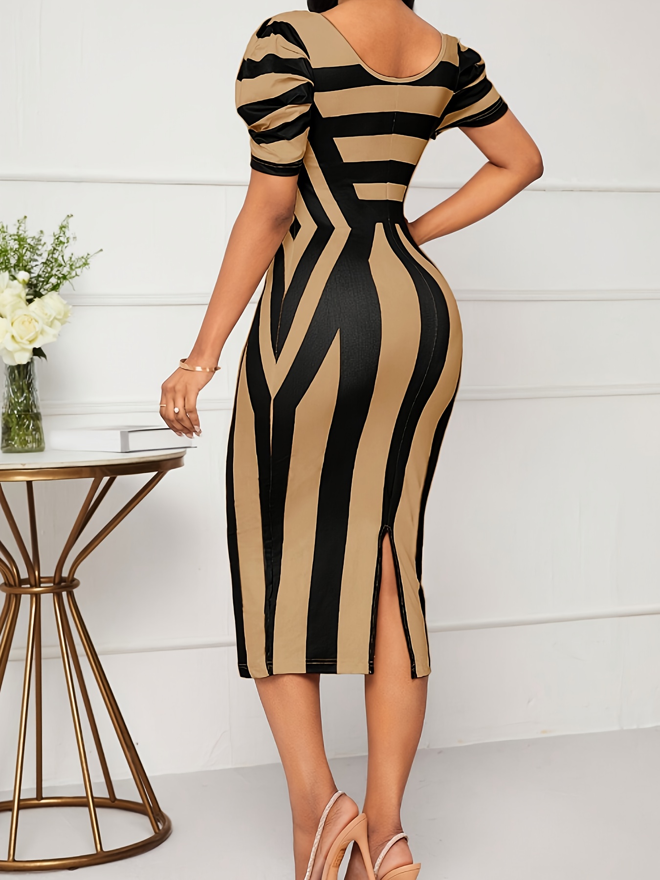 Women's Elegant Black White Striped Bodycon Dress with Puff Sleeves  Round Neck Short Sleeve Summer Dress, Machine Washable for Spring/Summer  Casua