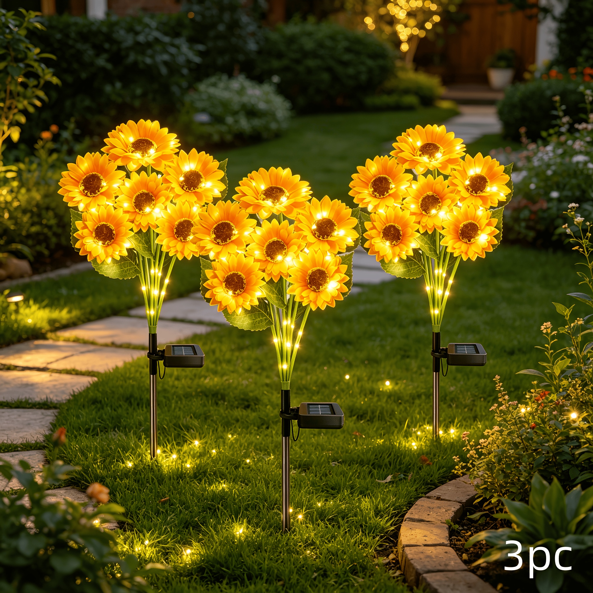 TEMU 3pcs Lampes Solaires de Jardin [6 Têtes de Fleurs], Lumières Décoratives pour Jardins. S'allument Automatiquement au Coucher . Décorations