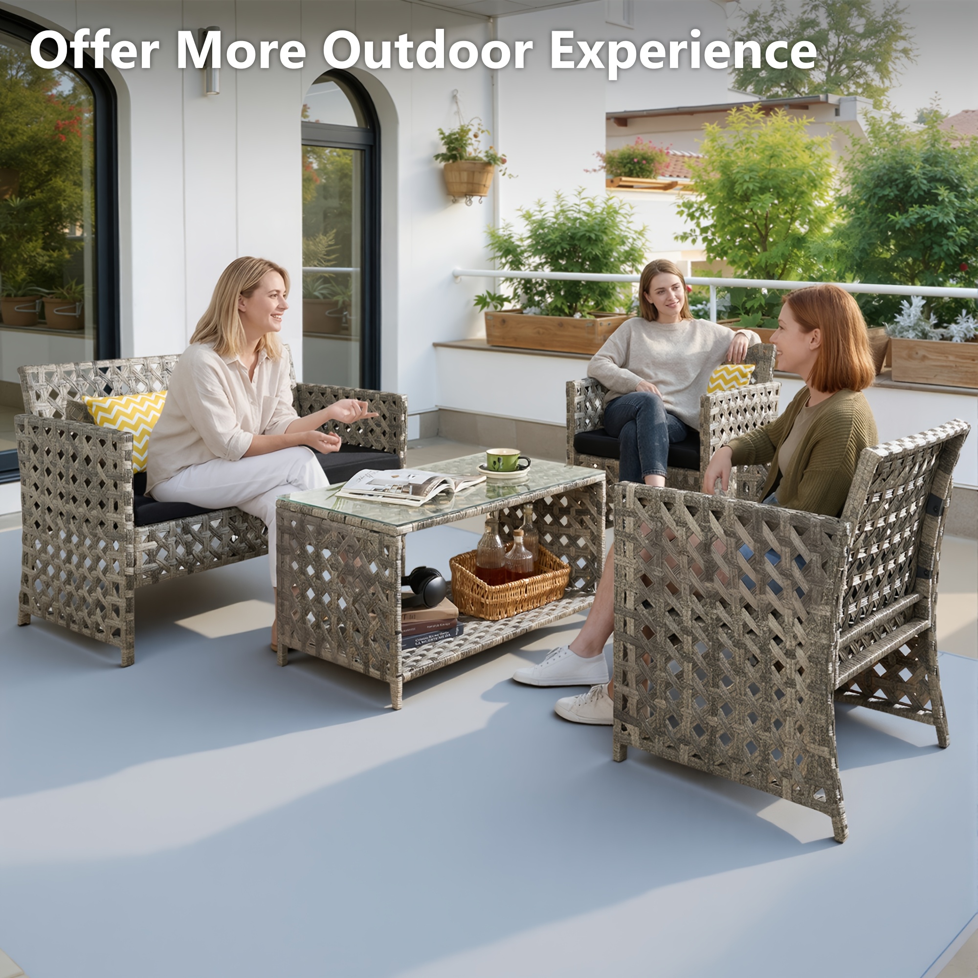4pcs PE Rattan Bistro Patio Furniture Collection, Outdoor Sectional Featuring 2 Chairs, a Loveseat, And a Coffee Table, Compact Modern Porch Conversation Set for Backyard Garden, Premium Appearance