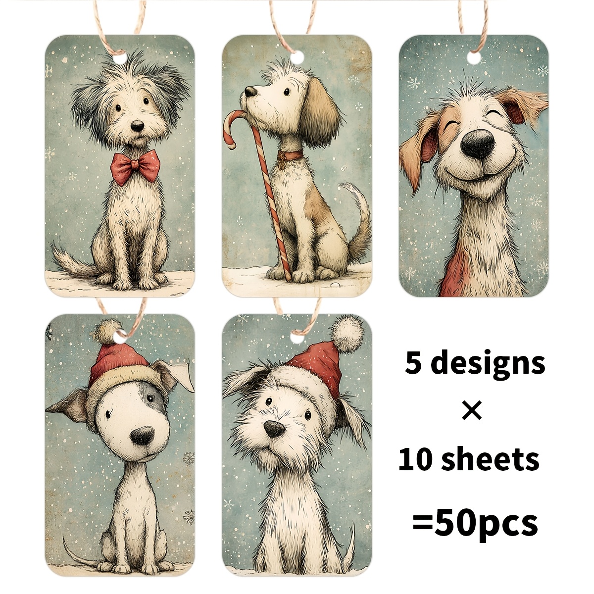 TEMU 50 stuks kerstcadeaulabels met honden- en puppythema en hennep touw, hanglabels voor kerstcadeauverpakking, feestartikelen, feestelijke