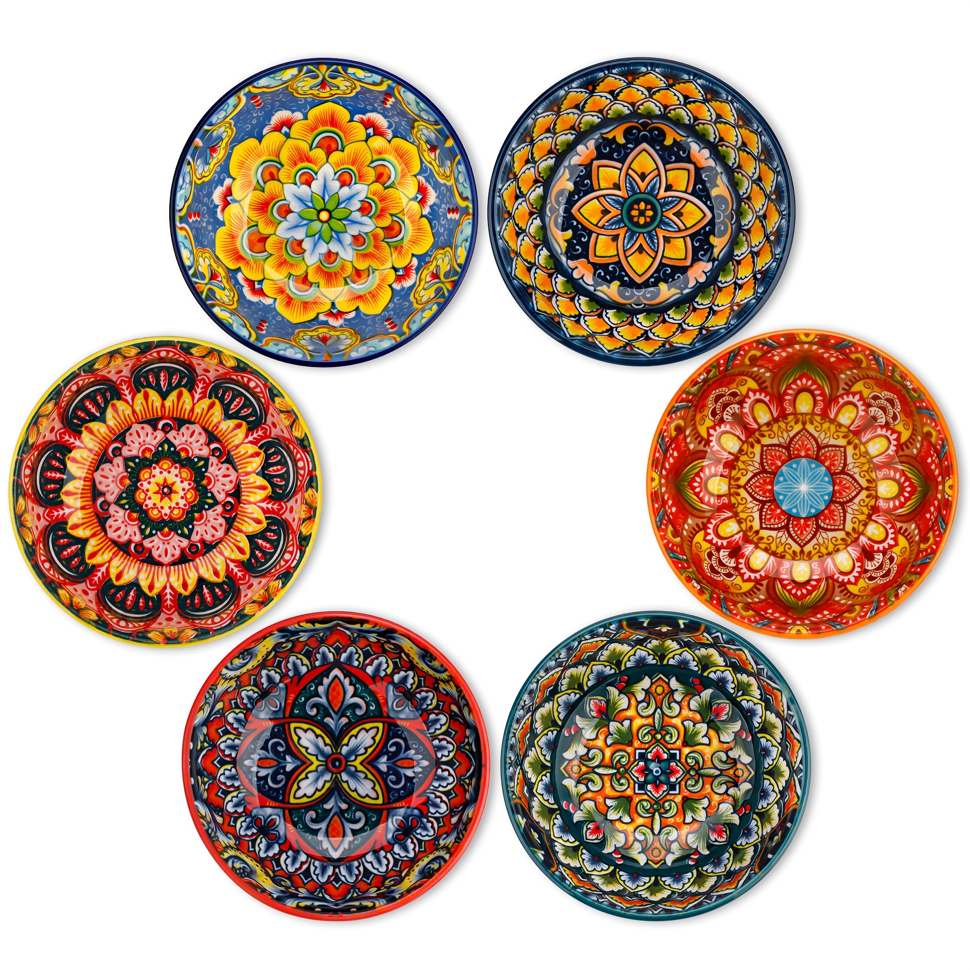 Image of 1 Set Of 6 Bohemian Ceramic Bowls - Microwave-multicolor Retro Indian/mediterranean-inspired Dinnerware, 2.7oz/80ml Round Snack Bowls, Dipping Sauce Bowls For Home Dining Table, Gift Set