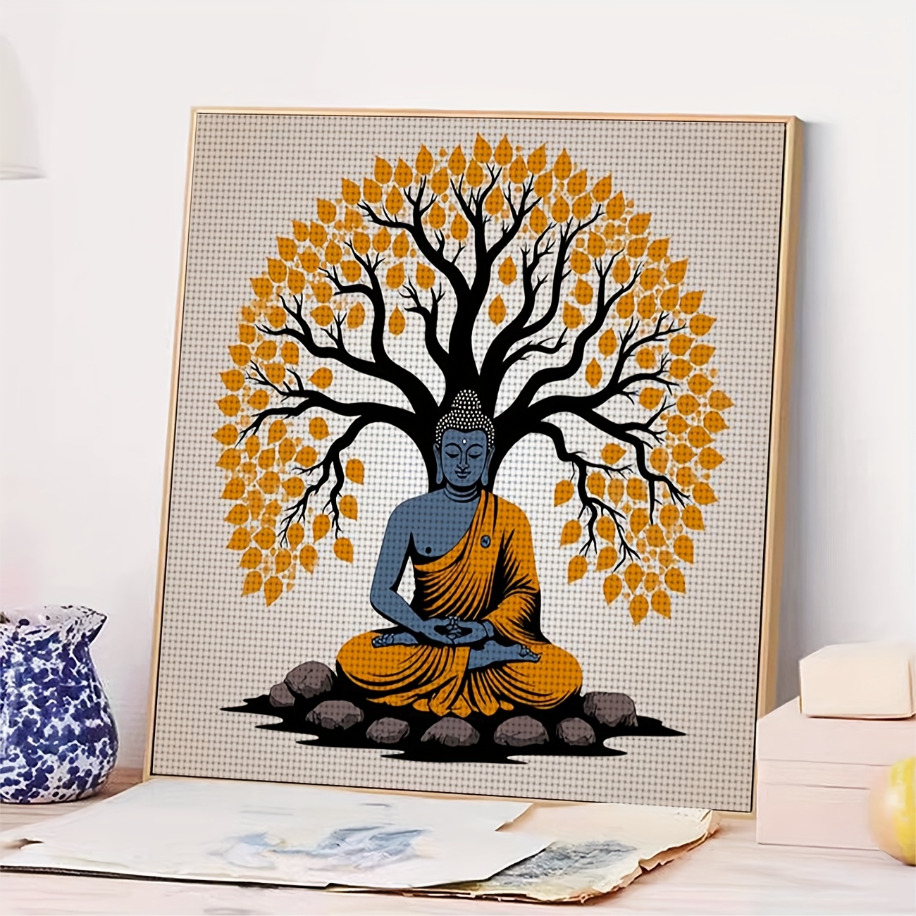 Printed DIY Cross-Stitch Kit, Frameless, Buddha Statue Under Bodhi Tree