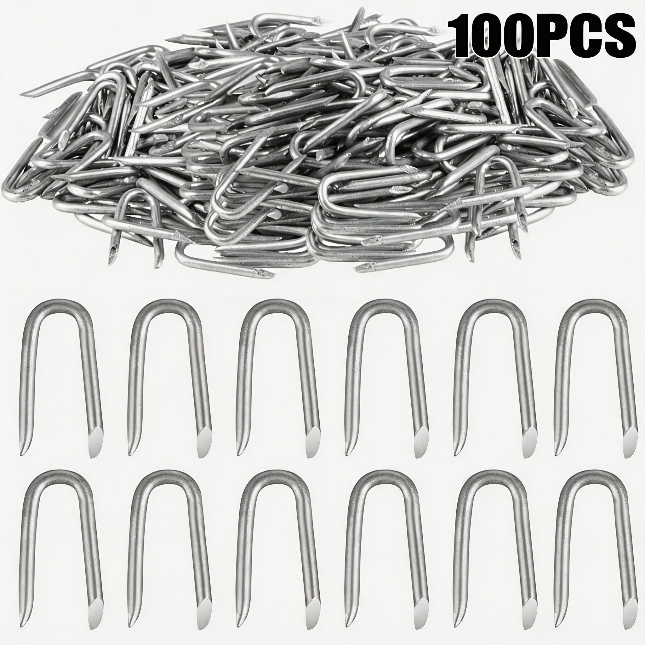 TEMU 100pcs Clous en U Galvanisés, Agrafes de Clôture Robustes pour Fil de Poule, Filet Maillé, Clôture de Jardin, Attaches en Acier Résistantes à la