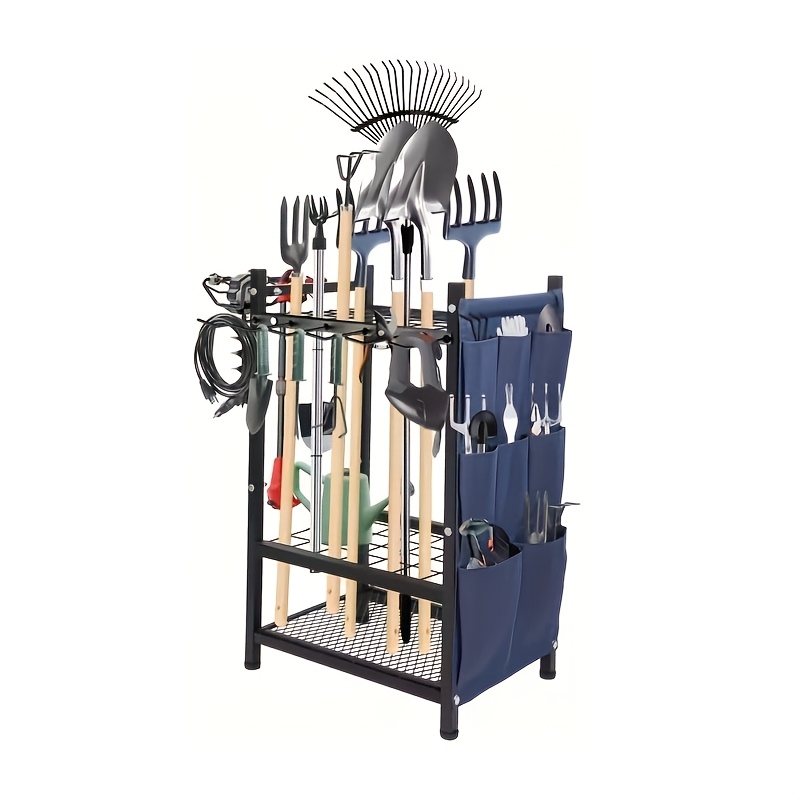TEMU Metal Organizer Rack For Garden Tools Featuring Storage Bags, Designed To Hold Long-handled Tools Like Brooms And Shovels, Ideal For Outdoor