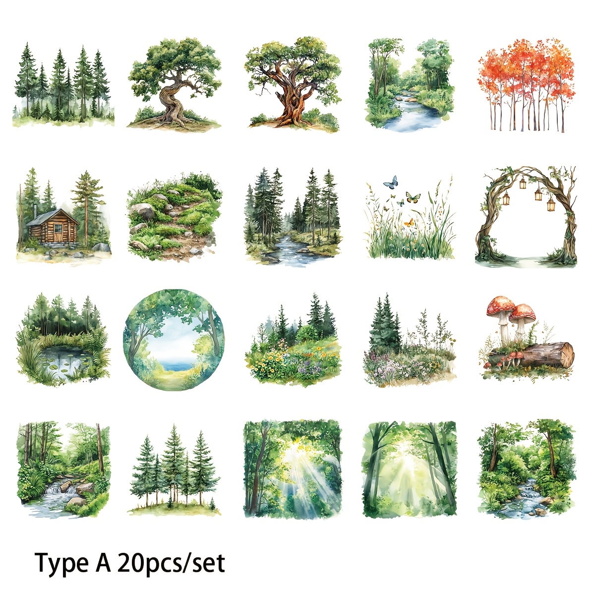 Image of 20pcs/set Creative Handmade Retro Forest Landscape Trees Rivers Cabins Stickers For Junk Journals Notebooks Scrapbooks Decoration Hand Account Stickers