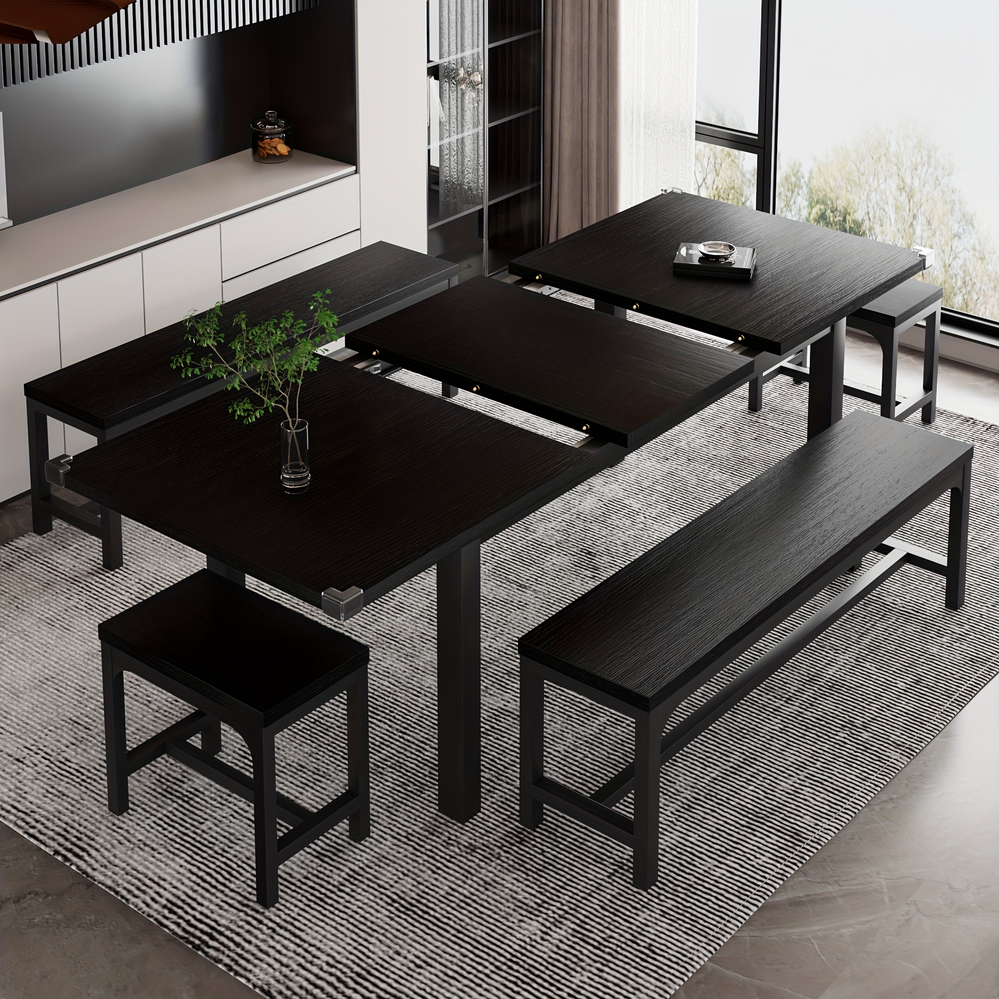 TEMU 5pcs Dining Table Set For 4-6 People, Extendable Kitchen Table Set With 2 Benches And 2 Square Stools, Mid-century Dining Room Table With Metal Frame & Mdf Board, Saving Space
