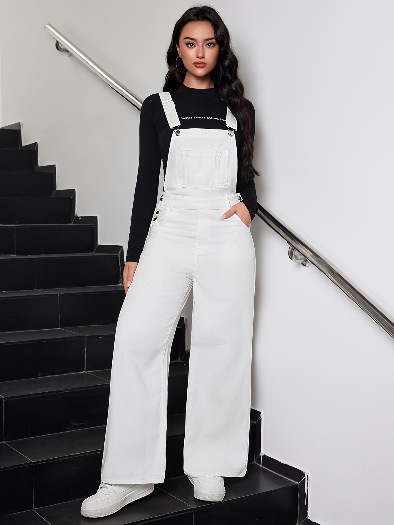 womens white fashionable elegant denim overalls details 3