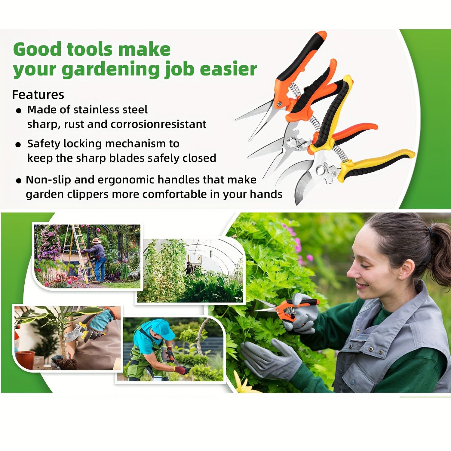 3-Piece Stainless Steel Garden Pruning Shears Set Ambidextrous Gardening Scissors for Plants and Flowers