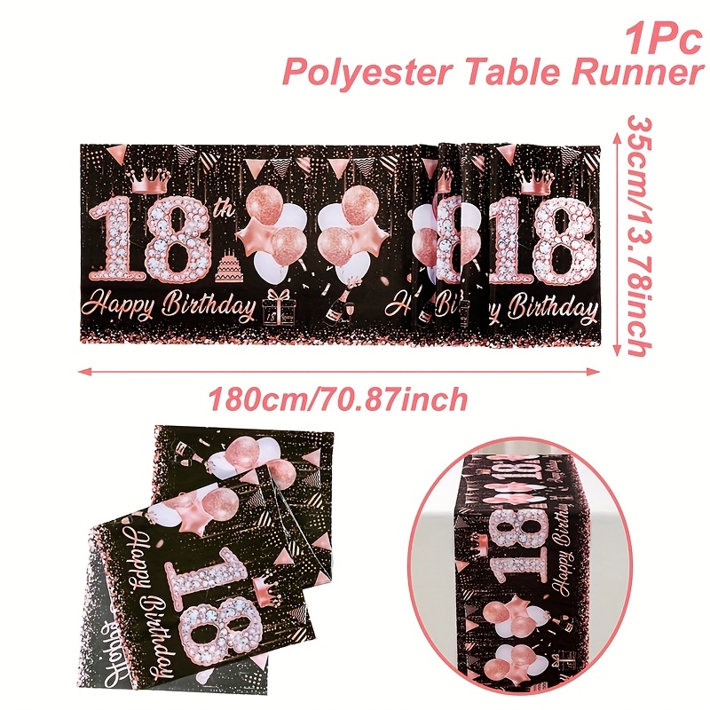 E-shop ., Roségoldener 18. Geburtstag Polyester Tischläufer, 35*180 cm, Happy Birthday Party Tischdekoration, Zubehör für 18. Geburtstagsfeier,