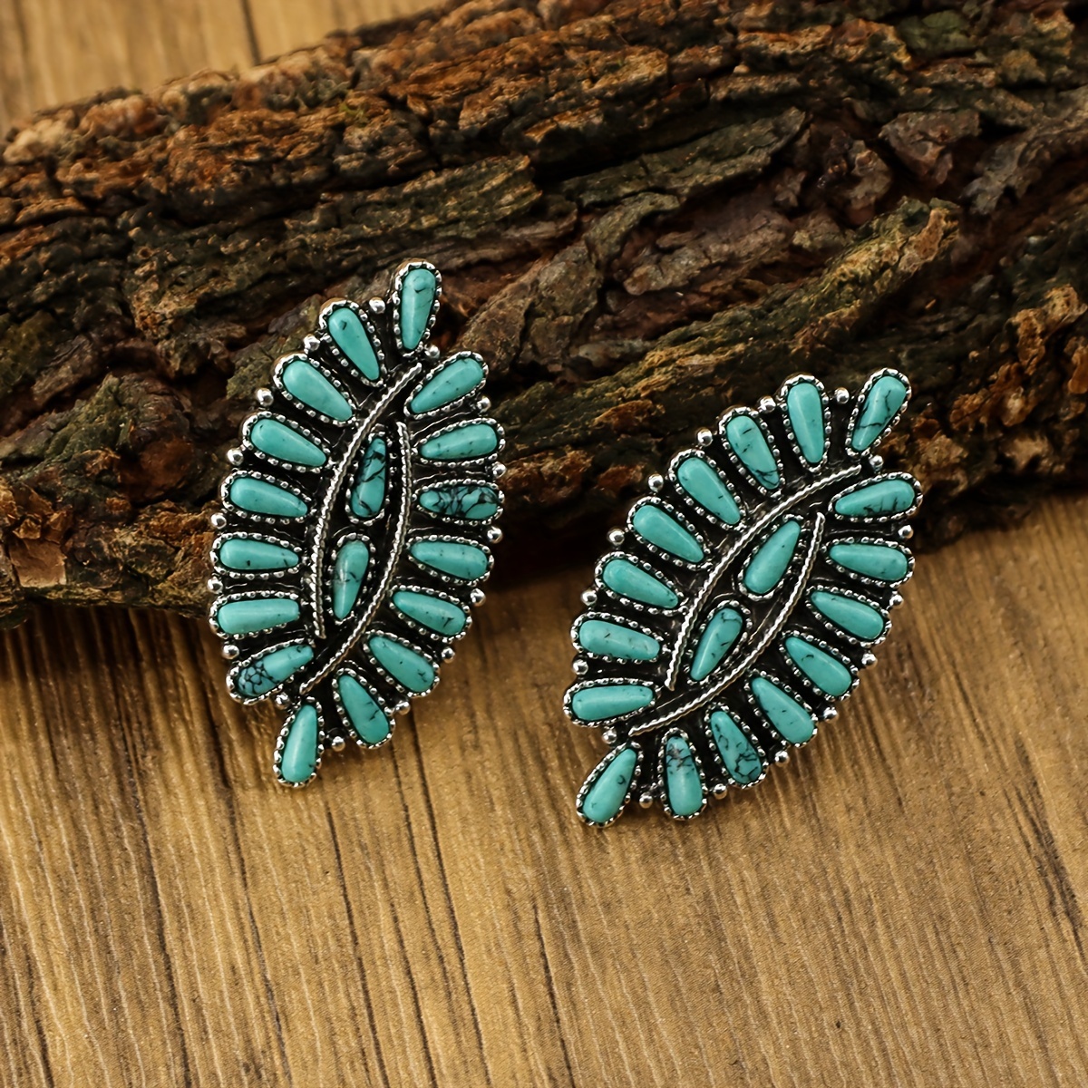 

Boho-inspired Turquoise Leaf Design Earrings - Antique Finish, Hypoallergenic Metal Posts