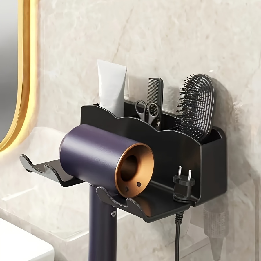 

1pc Sleek Black Hair Dryer Holder - Easy-install, No-drill Wall Mounted Rack With Multi-compartment Organizer For Bathroom , Includes Toothbrush & Shaver Storage, Space-saving Design