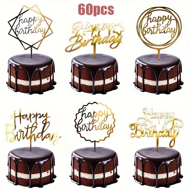 

60 Pcs Cake Toppers Set, Golden Acrylic Cake Decorating Supplies, Universal Celebration Cake Topper Inserts With Lettering For Birthday Parties, Elegant Baking Decorations, Non-electric & Featherless