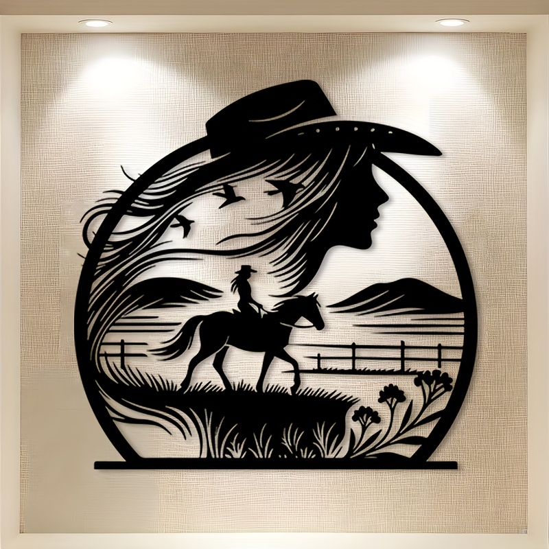 TEMU 1 pièce Décoration murale en métal rustique /cow-girl - Sculpture western en fer forgé, convient pour ferme, ranch, décoration de clôture