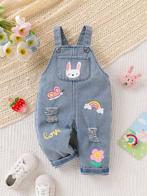 cute denim overalls jumpsuit for distressed bib pants with bunny flower prints soft comfortable western playwear machine washable unisex jumpsuit outdoor