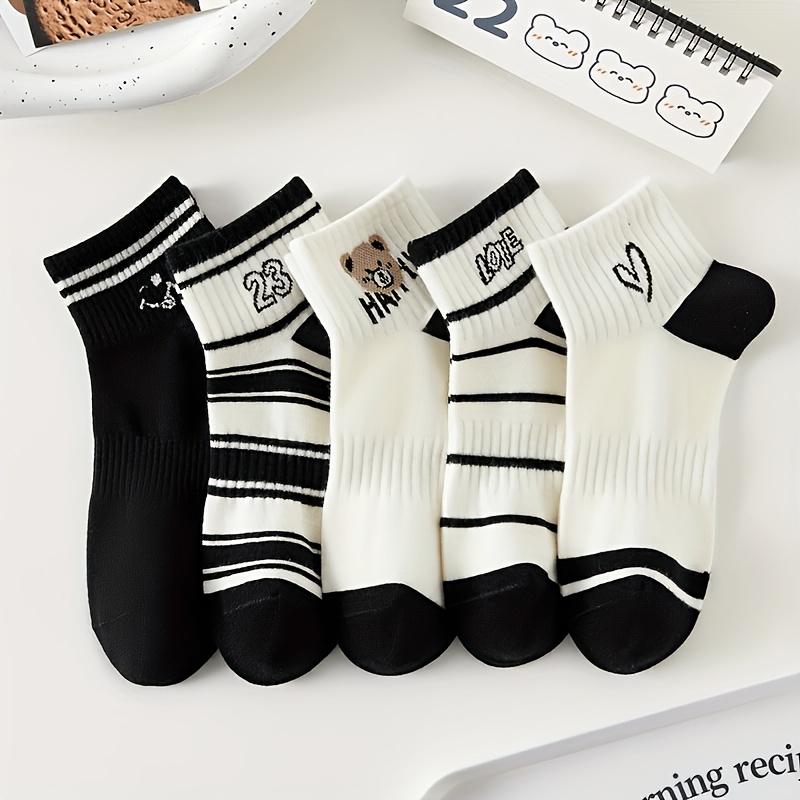 TEMU 5 Pairs Women's Black And White Socks, Heart-shaped Cartoon Bear Socks, Striped Socks