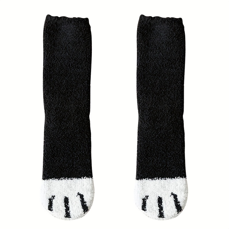 TEMU 1 Pair Of Cat Paw Fluffy Coral Fleece Crew Socks, Cute Novelty Animal Pattern Winter Warm Loungewear, Thickened Plush Slipper Socks For Women