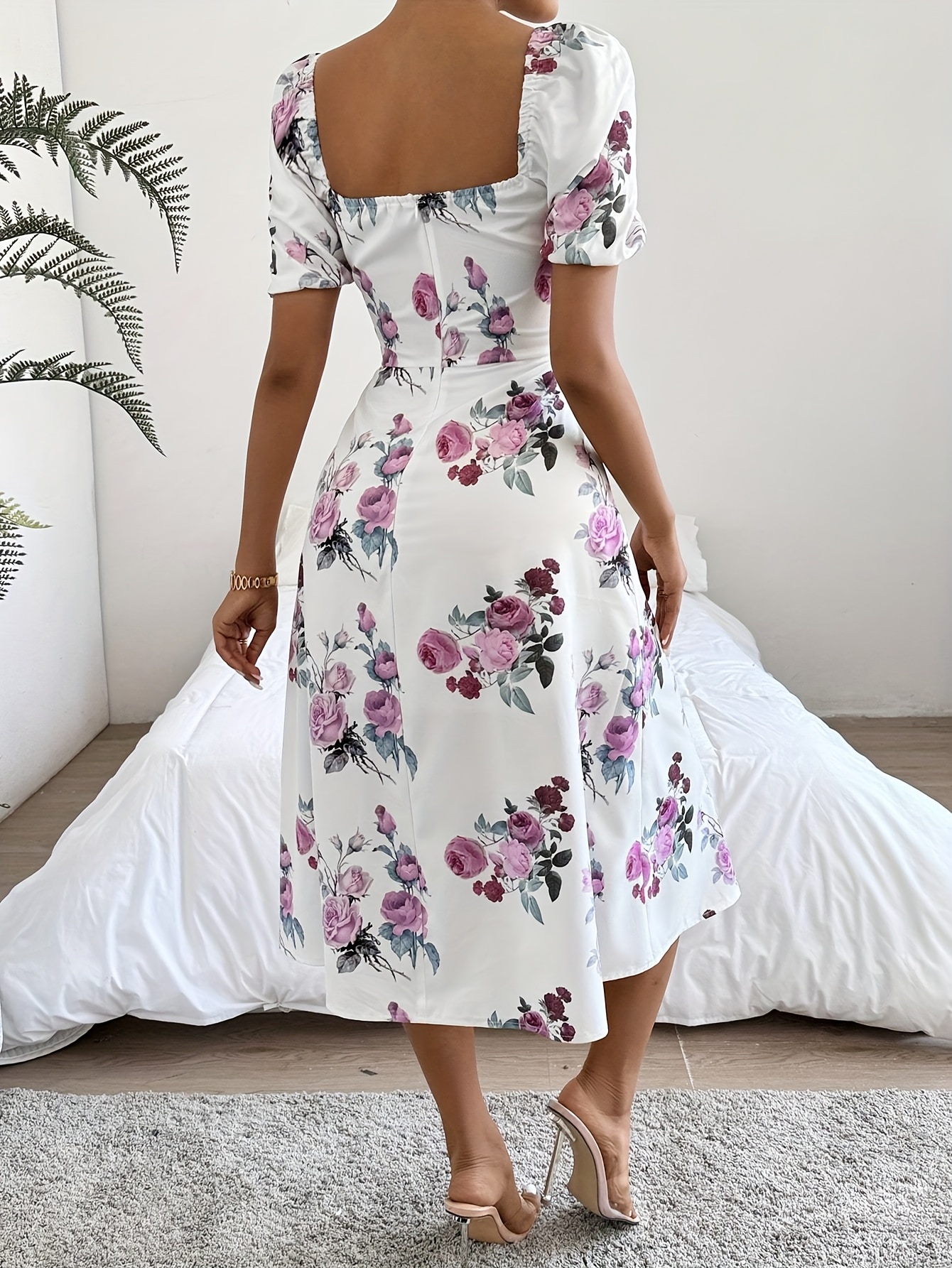 womens puff sleeve square neck umbrella hem print dress - Temu