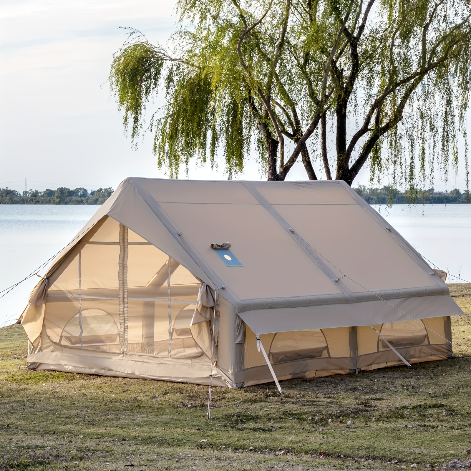 12sq beige aufblasbares campingzelt mit handpumpe - 6-8 personen   glamping  , & winddichtes outdoor-blasezelt mit netzfenstern & tür, einfacher   für frühling, sommer, herbst, winter, campingzelt, glamping zelt, aufblasbares zelt