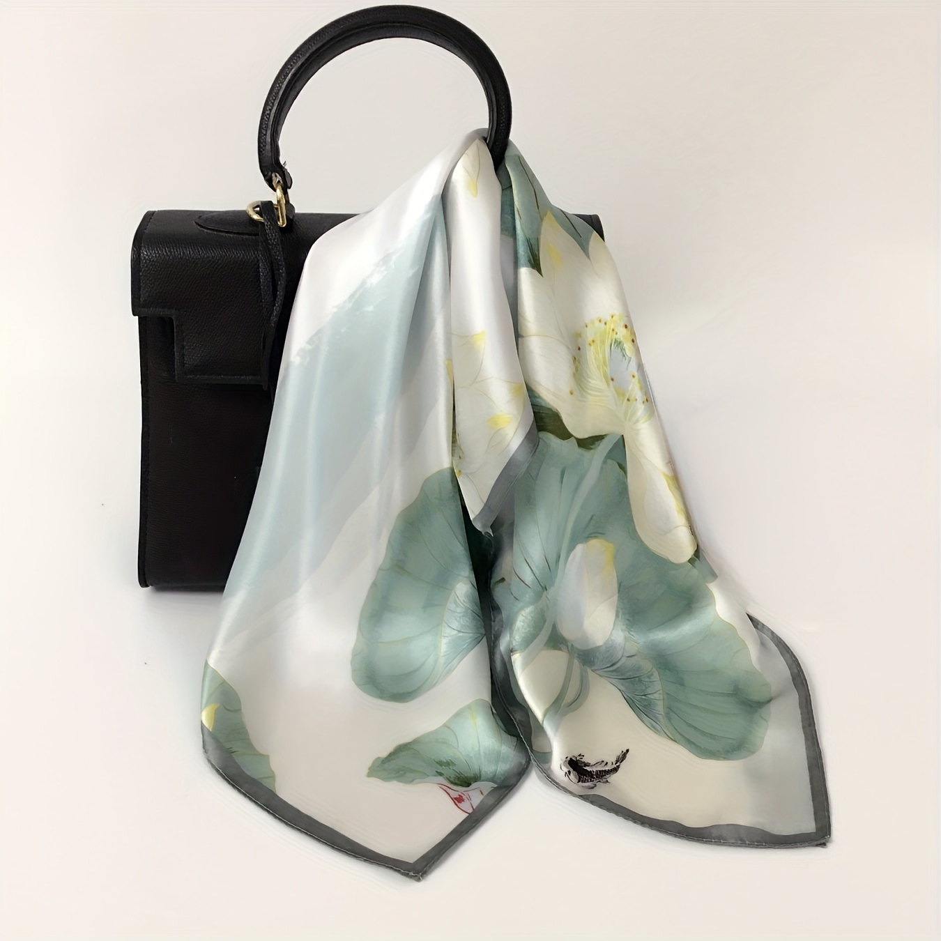 TEMU 1pc Of 21.65-inch Light Green Chinese Retro Women's Silk Square Scarf, Silk Neck Scarf Headscarf, Ink Painting Lotus And Fish Pattern, 100% Silk