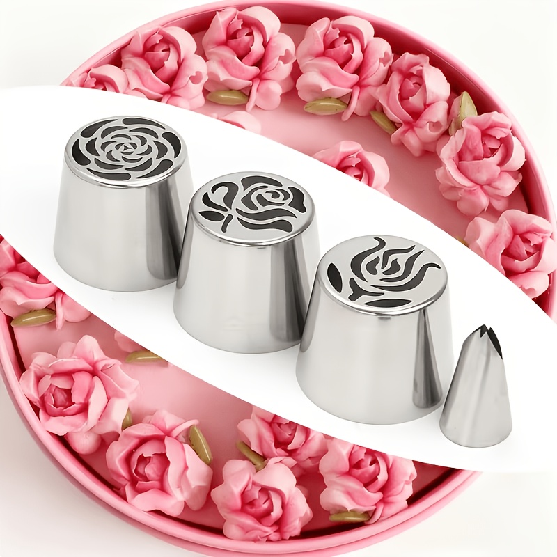 Image of 4pcs Set Of Oversized Rose Frosting Nozzles, Stainless Steel Cake Decoration Set, Baking Tools, Cake Making Additions, Suitable For Halloween, Christmas, And Day